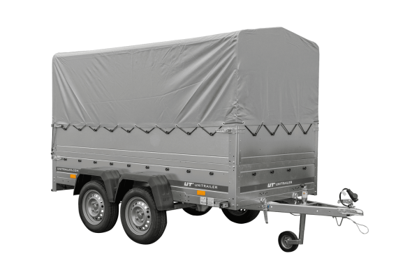 2-Achs Pkw-Anhänger UNITRAILER GARDEN TRAILER 264/2 KIPP mit Stützrad, Bordwandaufsatz, H-800 Rahmen und grauer Plane - ger_p