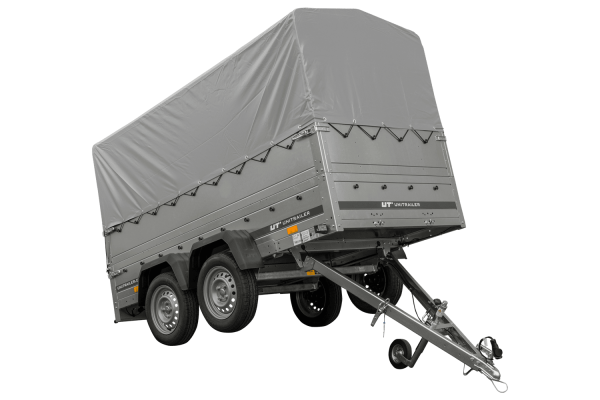 2-Achs Pkw-Anhänger UNITRAILER GARDEN TRAILER 264/2 KIPP mit Stützrad, Bordwandaufsatz, H-800 Rahmen und grauer Plane - ger_p
