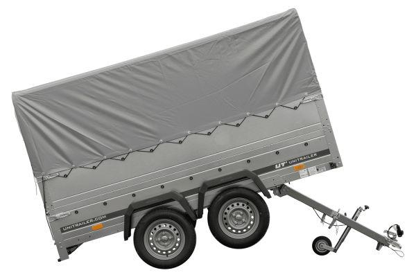 2-Achs Pkw-Anhänger UNITRAILER GARDEN TRAILER 264/2 KIPP mit Stützrad, Bordwandaufsatz, H-800 Rahmen und grauer Plane - ger_p