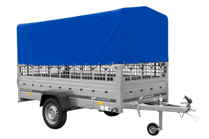 Autotransportanhänger auf Federn 264×125 UNITRAILER GARDEN 264/R KIPP mit Gitterwänden, H-800 Rahmen und blauer Plane - ger_p