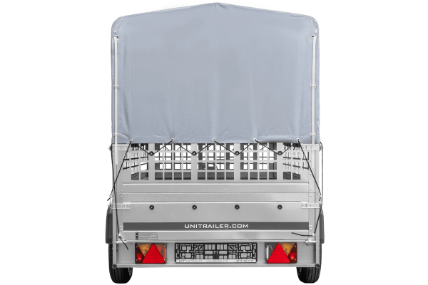 Autotransportanhänger auf Federn 264×125 UNITRAILER GARDEN 264/R KIPP mit Gitterwänden, H-800 Rahmen und grauer Plane - ger_p