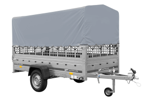 Autotransportanhänger auf Federn 264×125 UNITRAILER GARDEN 264/R KIPP mit Gitterwänden, H-800 Rahmen und grauer Plane - ger_p