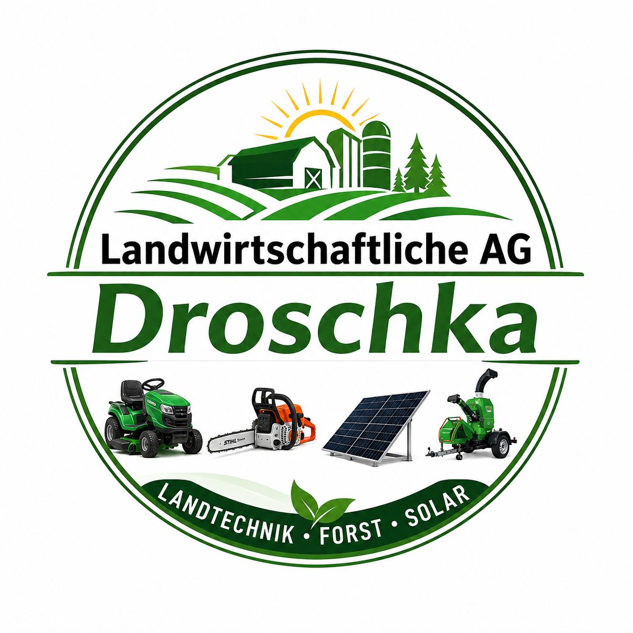 Circular green logo for Droschka Landwirtschaftliche AG featuring farm landscape with a tractor, chainsaw, solar panel and trees; text reads 'Landwirtschaftliche AG' and 'LANDTECHNIK • FORST • SOLAR'